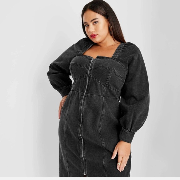 Future Collective Black Denim ZipFront Midi Dress 16W18W Puff Sleeve Square Neck - Picture 2 of 11